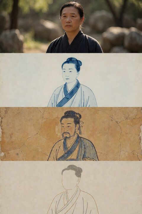 青花敦煌刺绣四拼风格海报