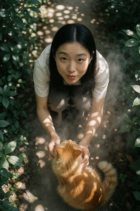 木漏日庭院俯拍猫咪人像