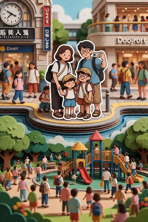 家庭旅行纸雕拼贴