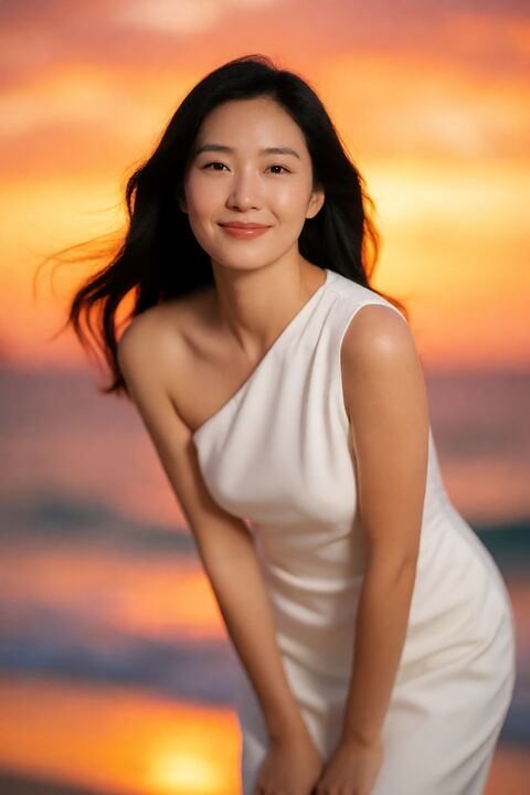 韩国海滩日落时尚人像