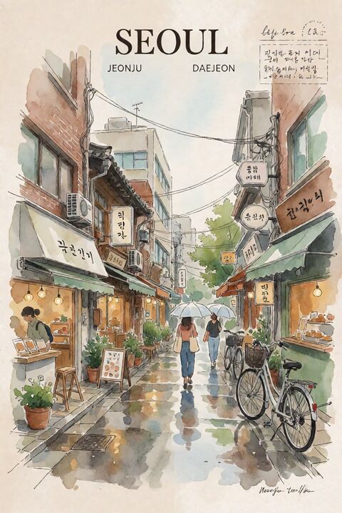 韩国城市水彩旅行插画