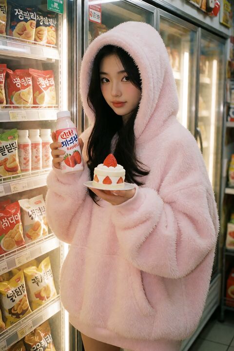 韩国便利店粉色 Hoodie 人像