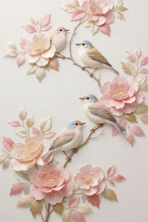 立体刺绣小鸟花枝