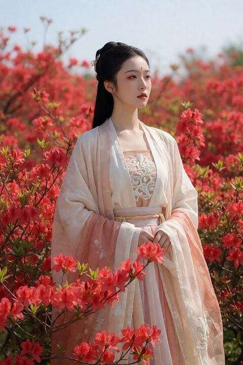 彼岸花丛中的红妆女子