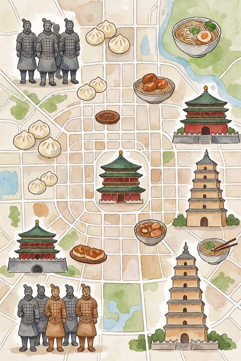 西安手绘水彩城市地图
