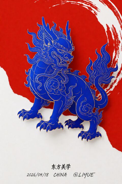荧光蓝穷奇新中式山水画