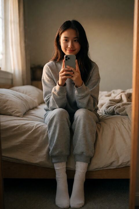 温馨卧室里的少女自拍