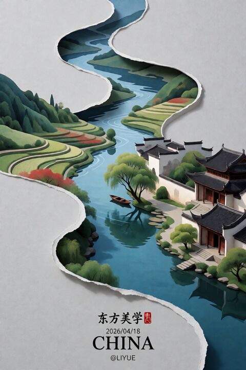 裂痕里的水墨东方山水画卷