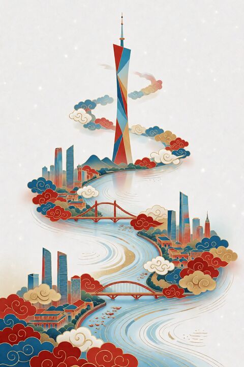 极简国潮鎏金广州塔海报