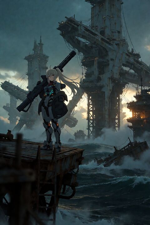机甲少女立于废弃海城