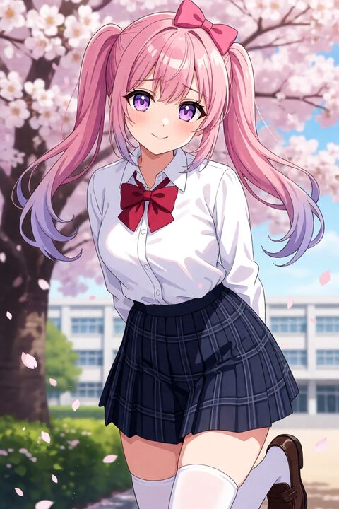 樱花树下害羞双马尾少女