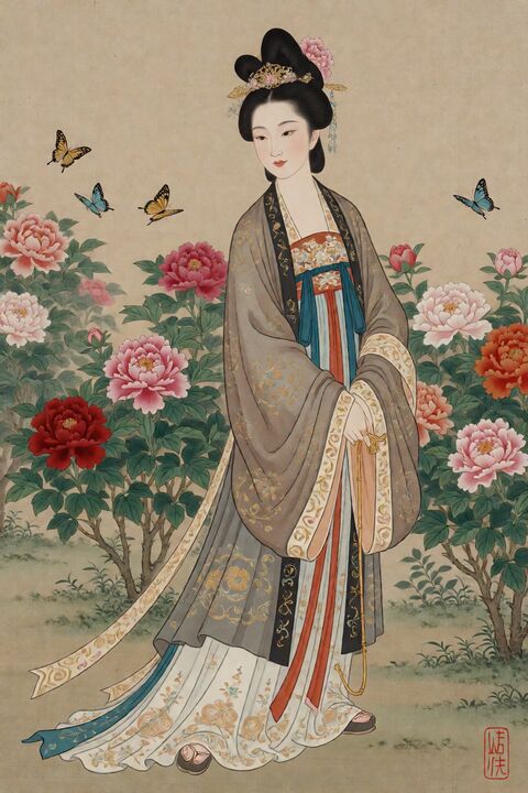 唐朝贵妇遛粉色马甲异形工笔画
