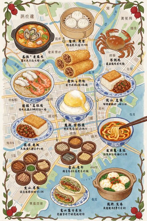 一张手绘风格的城市美食地图，以台州为主题